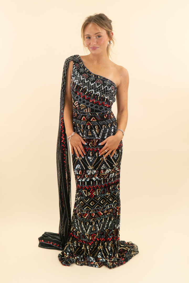 AUCTION jovani black gold red sequin beaded one shoulder maxi dress (4)