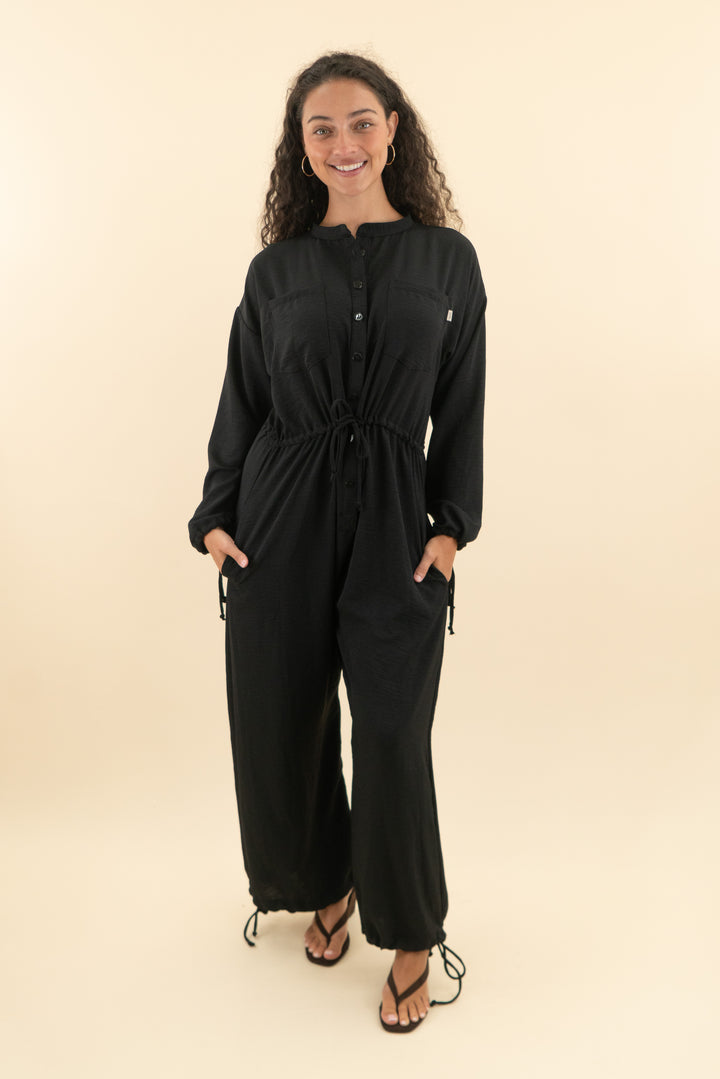 silkd black long sleeve button down jumpsuit (xs/s; retail $198)