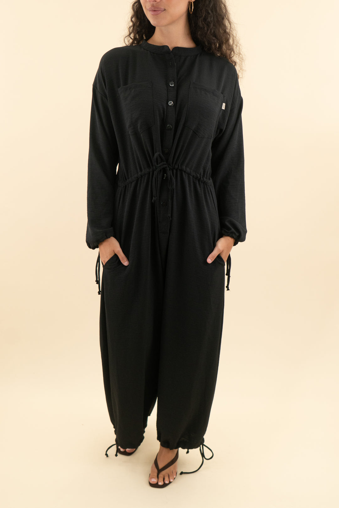 silkd black long sleeve button down jumpsuit (xs/s; retail $198)
