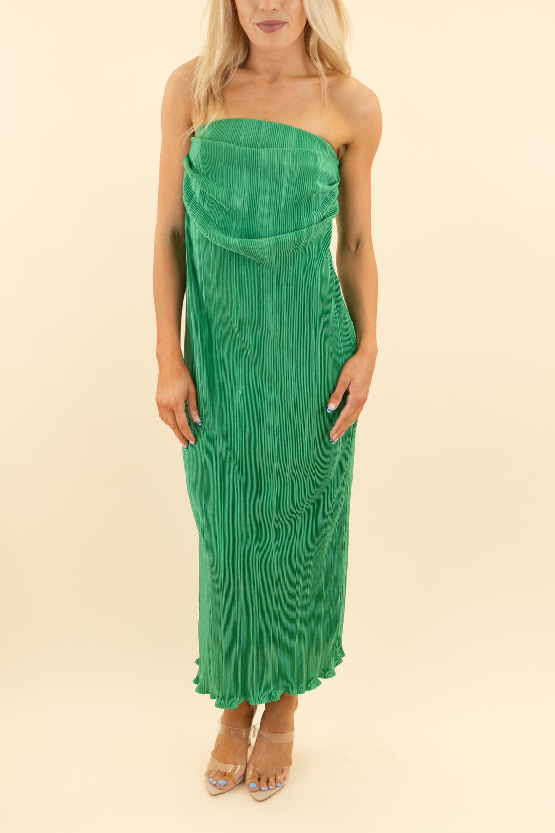 jlux label green pleated strapless midi dress (s; $105)