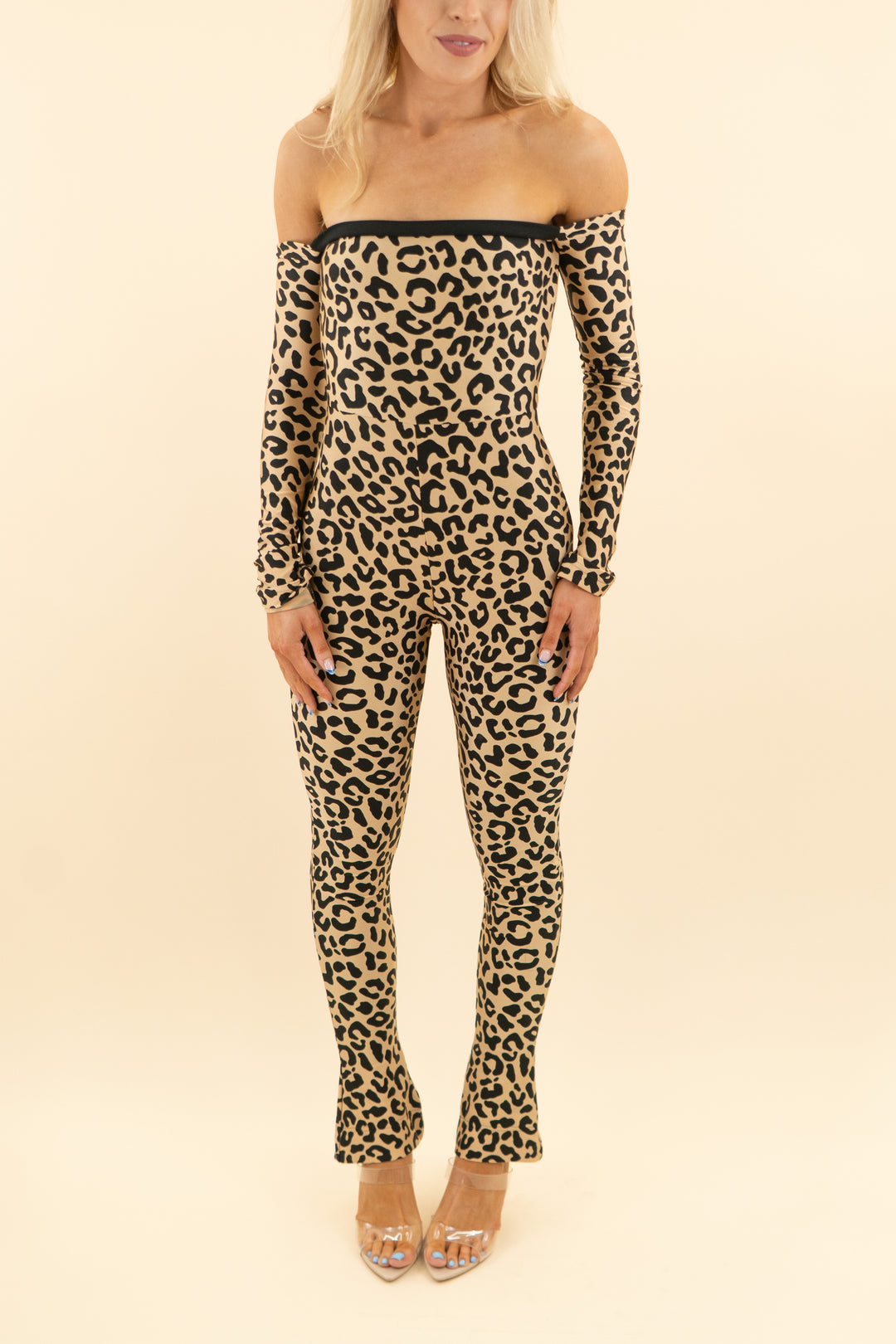 halpern tan leopard print long sleeve jumpsuit (36/ US 4; retail $1,150)