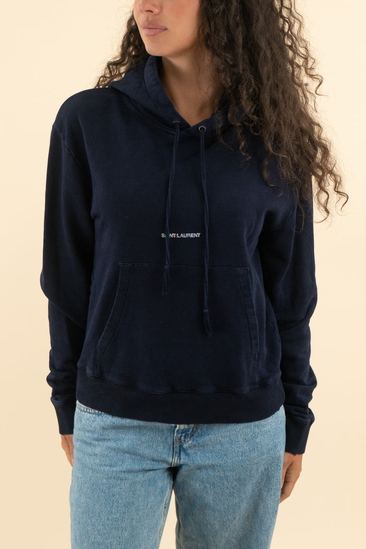 saint laurent navy logo print hoodie (m; retail $1190)