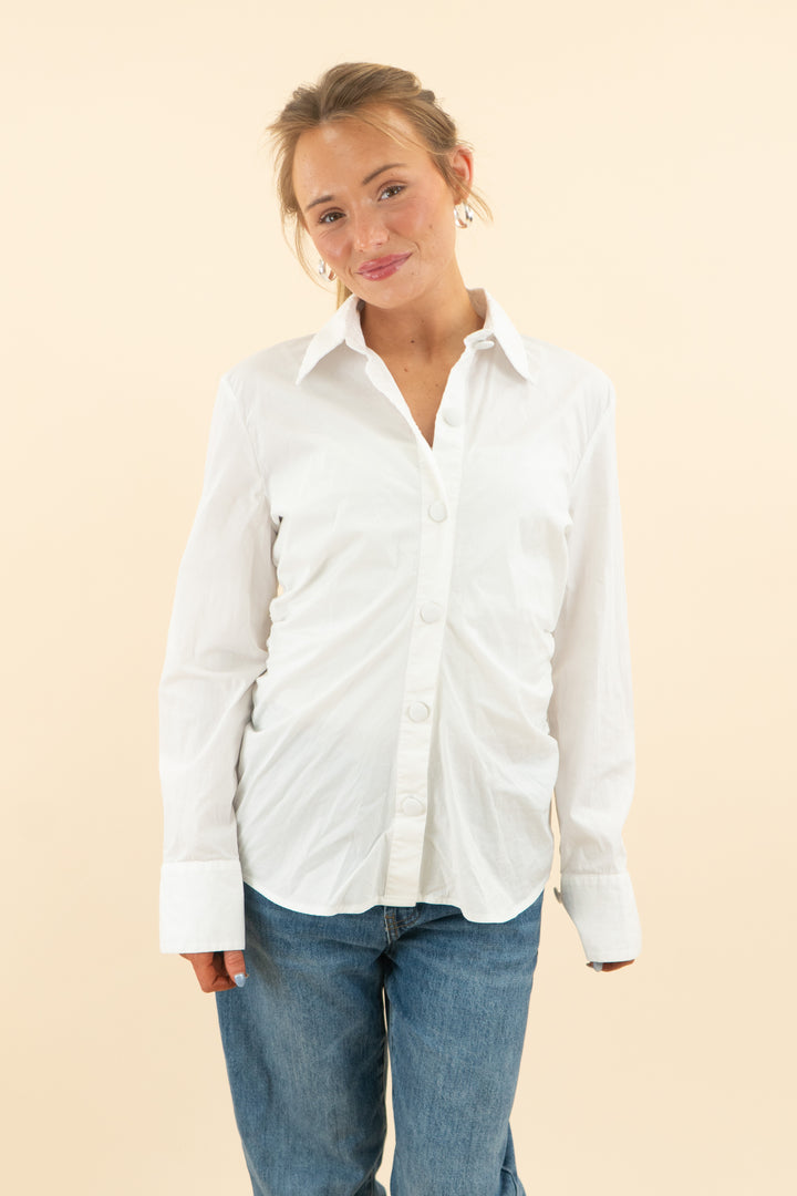 zara white button down top with ruched sides (s; retail $45.90)