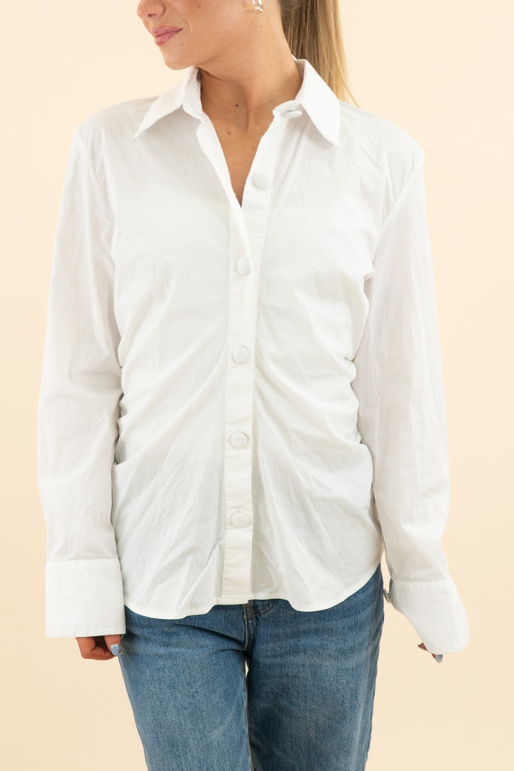 zara white button down top with ruched sides (s; retail $45.90)