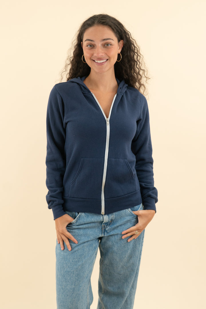 bella + canvas navy zip up hoodie (xs; retail $32)
