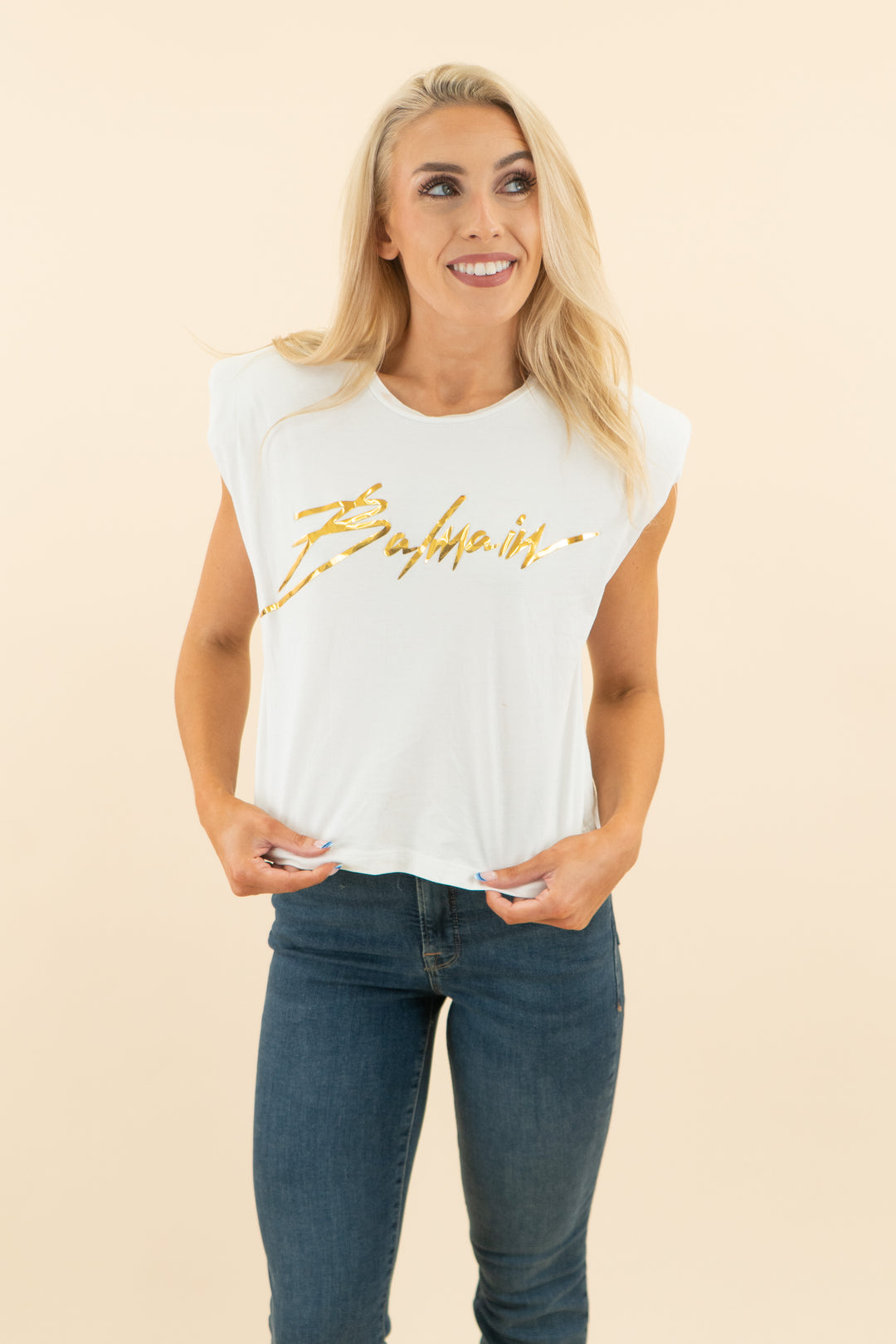 AUCTION balmain white shoulder pad tank with gold balmain logo (s)
