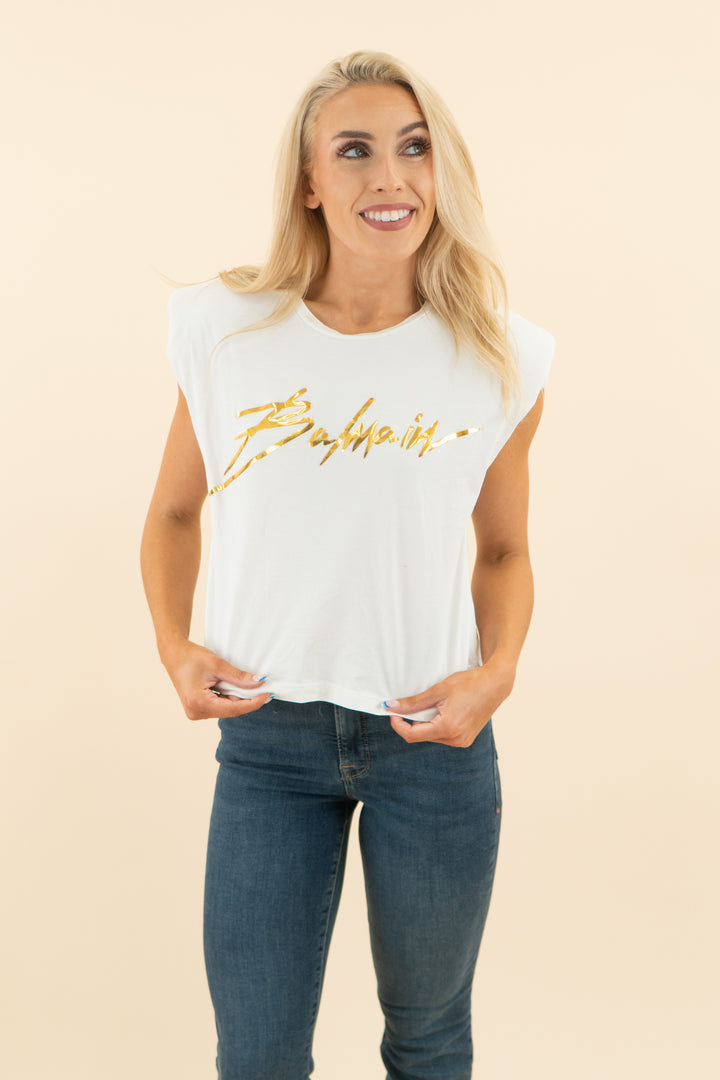 AUCTION balmain white shoulder pad tank with gold balmain logo (s)