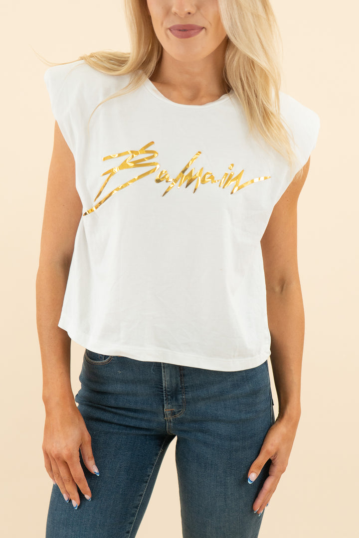 AUCTION balmain white shoulder pad tank with gold balmain logo (s)