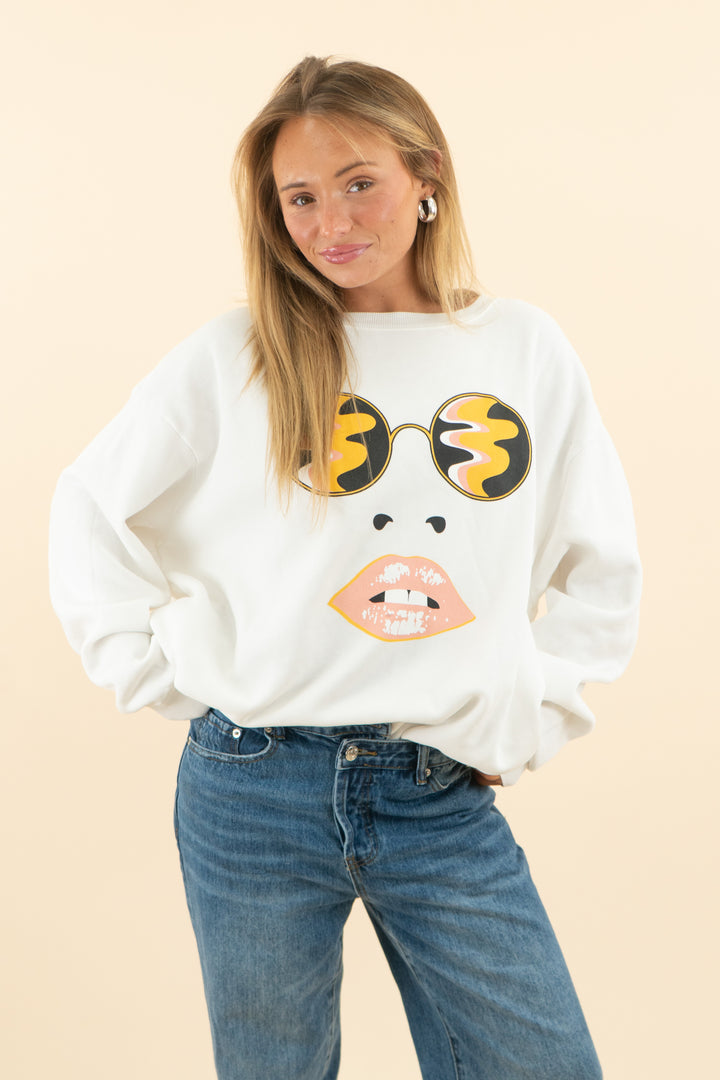 wildfox white crew neck with woman's face *(m; retail $89)
