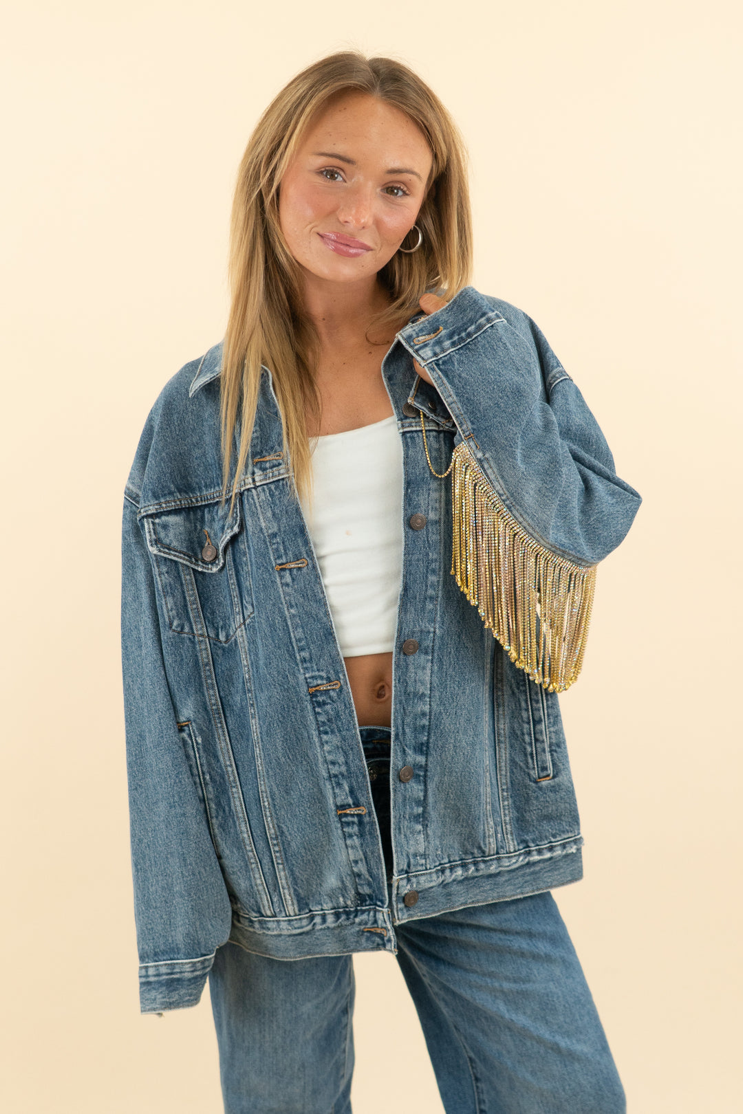 AUCTION levis premium medium wash denim jacket with gold rhinestone fringe (m)
