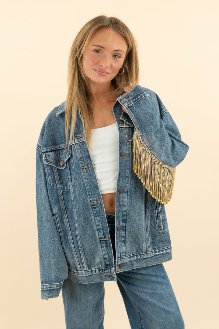 AUCTION levis premium medium wash denim jacket with gold rhinestone fringe (m)
