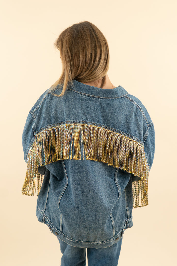 AUCTION levis premium medium wash denim jacket with gold rhinestone fringe (m)