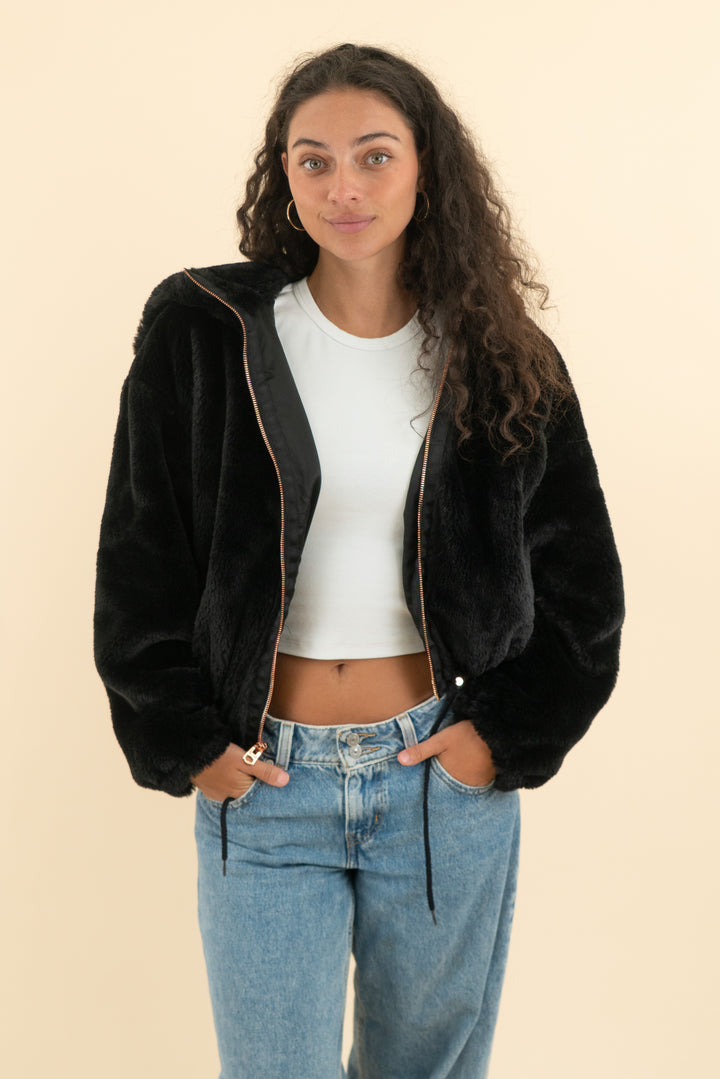 AUCTION lucky brand black faux fur hooded jacket (m)