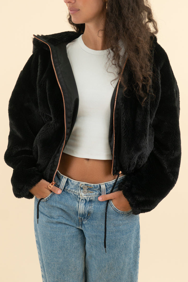 AUCTION lucky brand black faux fur hooded jacket (m)