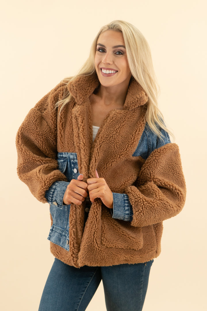 AUCTION blank nyc brown sherpa and denim under wraps jacket (xs)