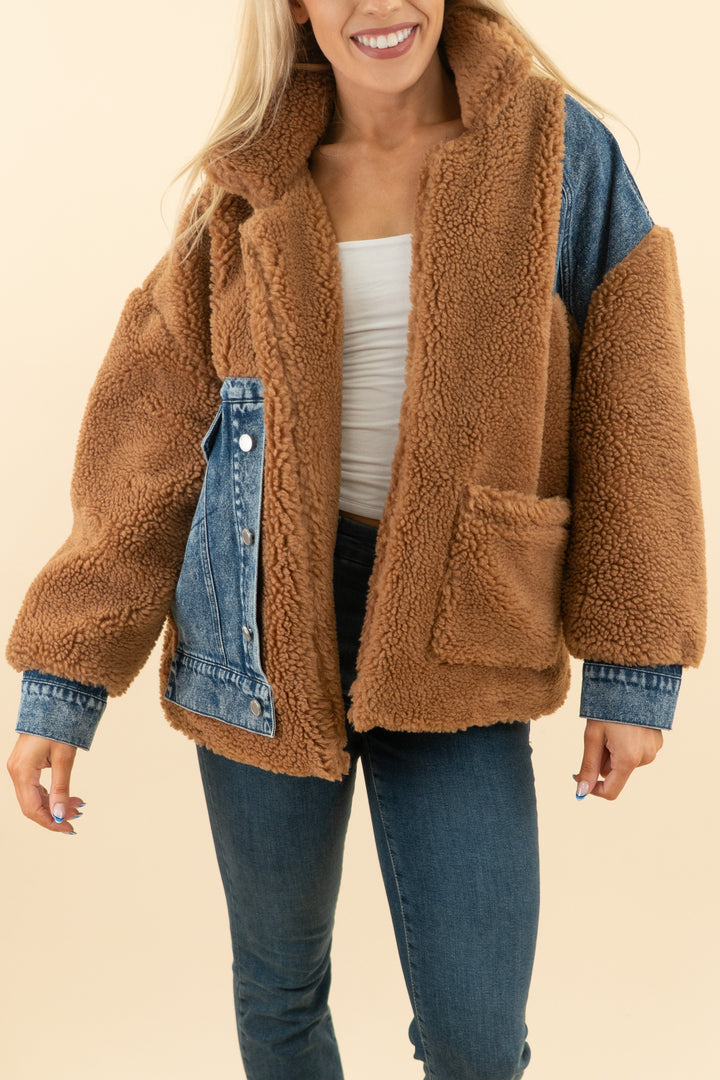 AUCTION blank nyc brown sherpa and denim under wraps jacket (xs)