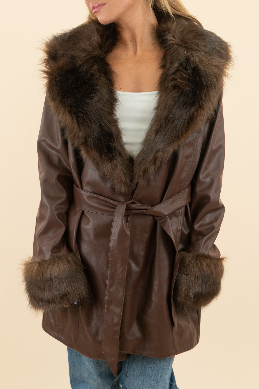 AUCTION show me your mumu brown penny lane leather jacket with fur trim (m)