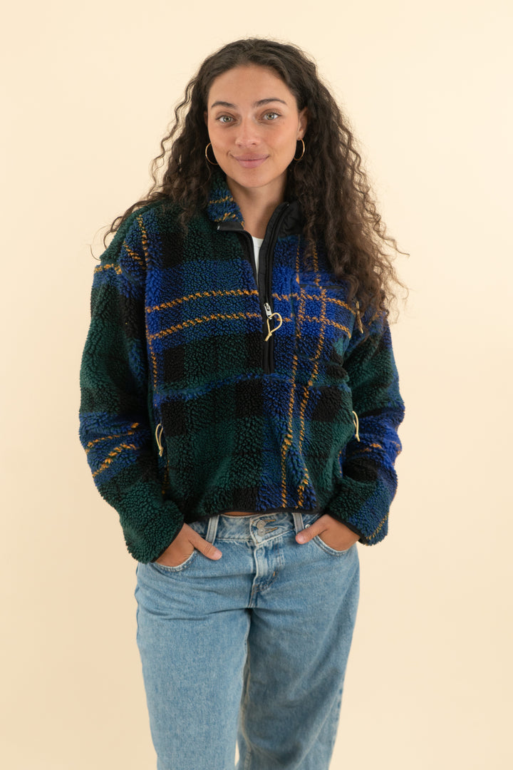 AUCTION the north face navy and green plaid sherpa quarter zip (m)