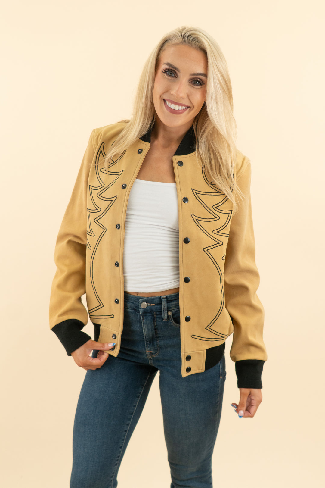 western & co tan embroidered bomber jacket (m; retail $1,250)