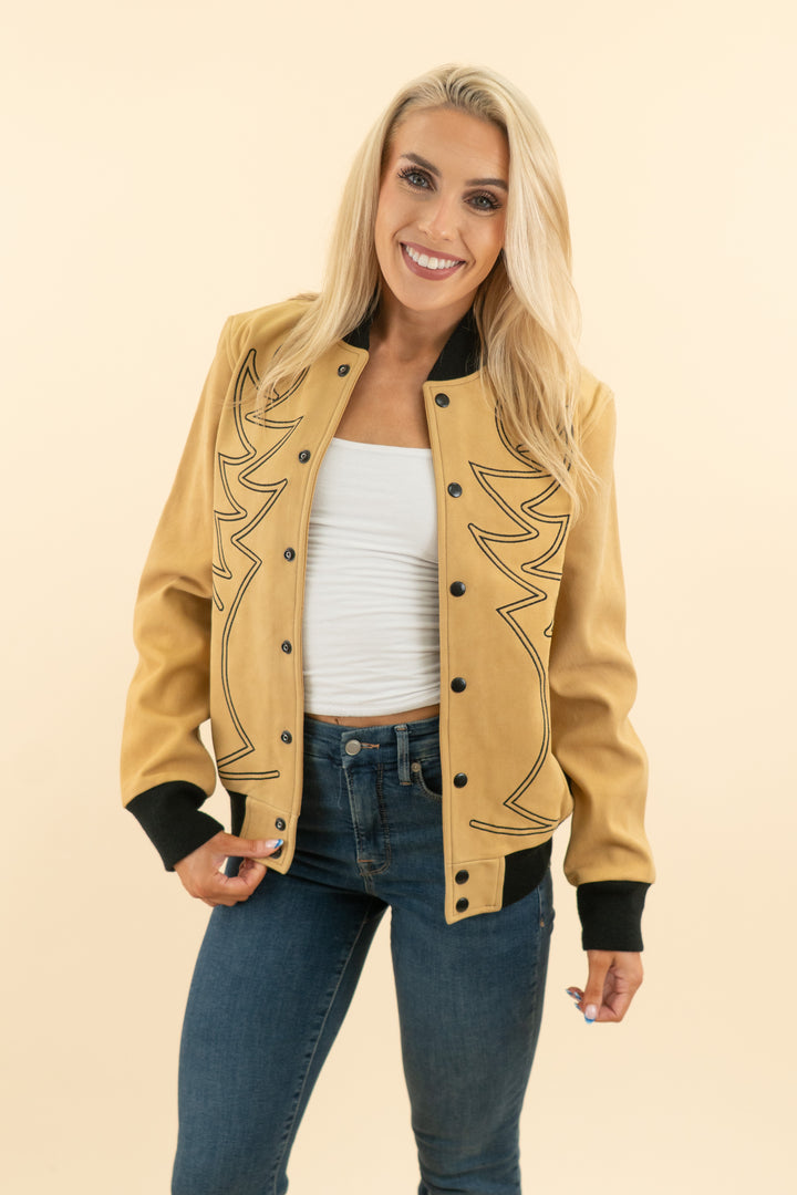 western & co tan embroidered bomber jacket (m; retail $1,250)