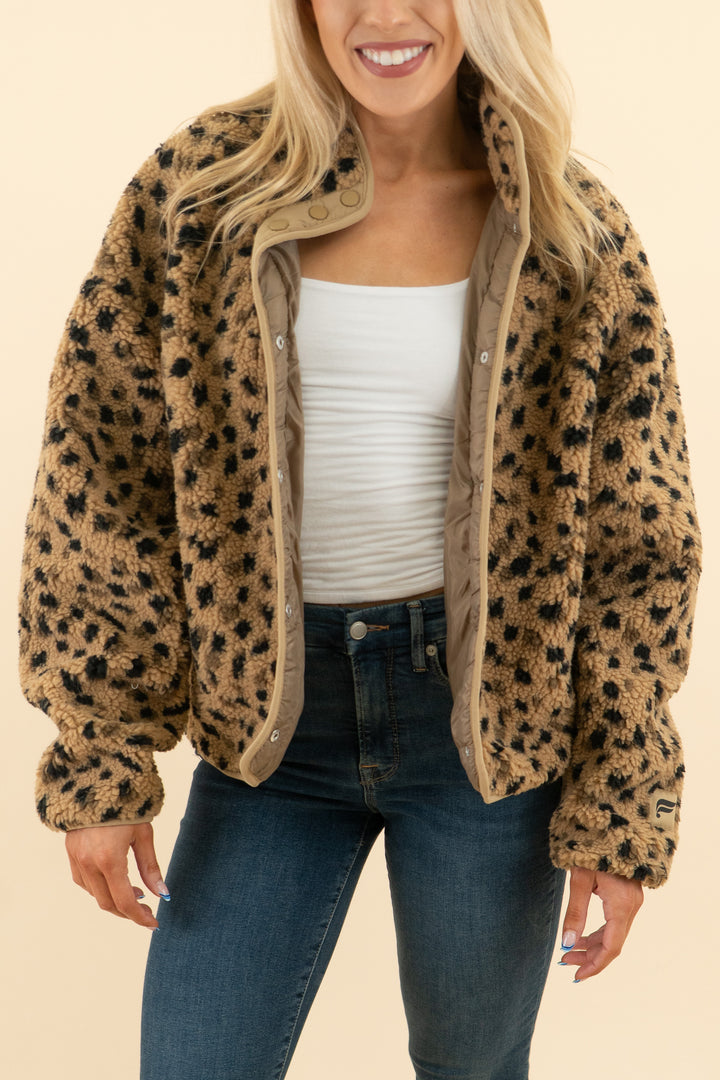 AUCTION fabletics brown leopard print teddy jacket (m)