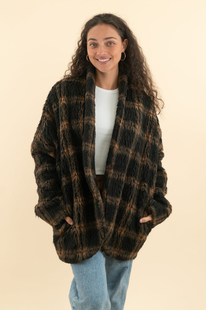 AUCTION amanda uprichard black brown plaid furry coat (m)