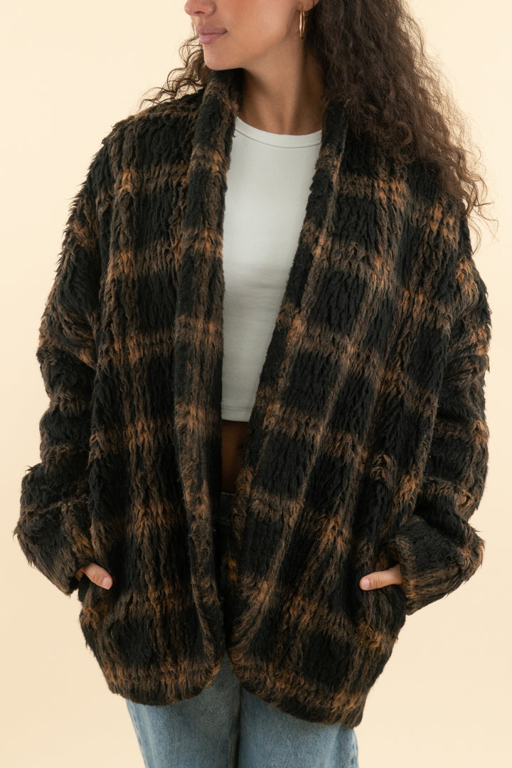 AUCTION amanda uprichard black brown plaid furry coat (m)