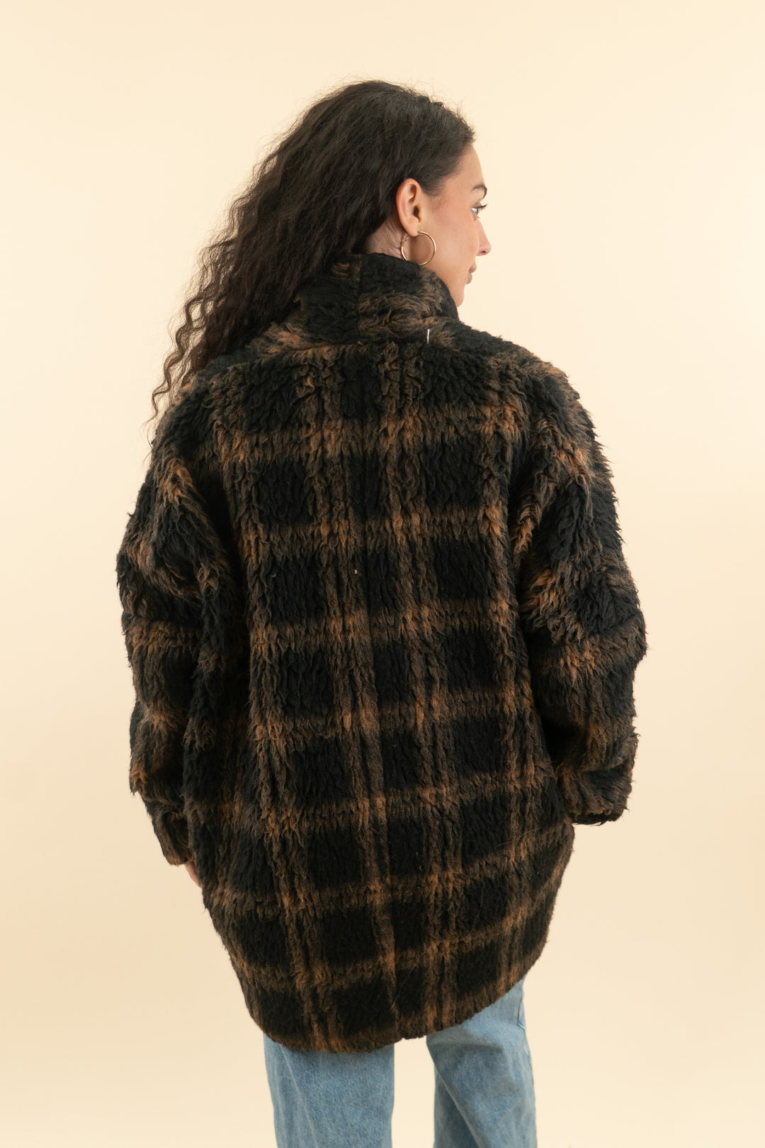 AUCTION amanda uprichard black brown plaid furry coat (m)