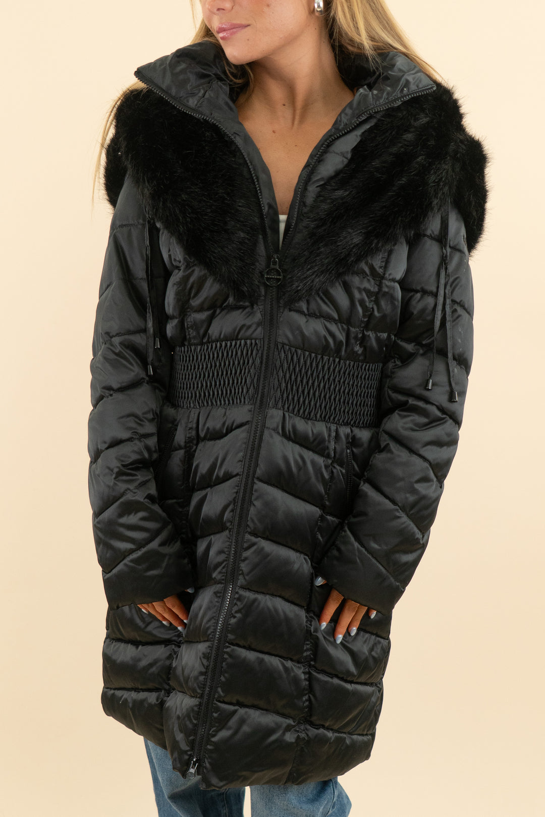 laundry black outside leopard lining long puffer jacket* (m; retail $289)