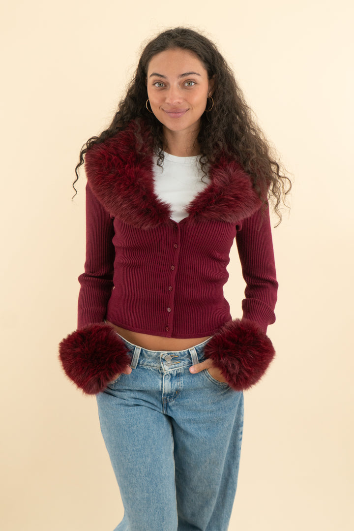 AUCTION naked wardrobe burgundy faux fur trimmed cardigan (m)