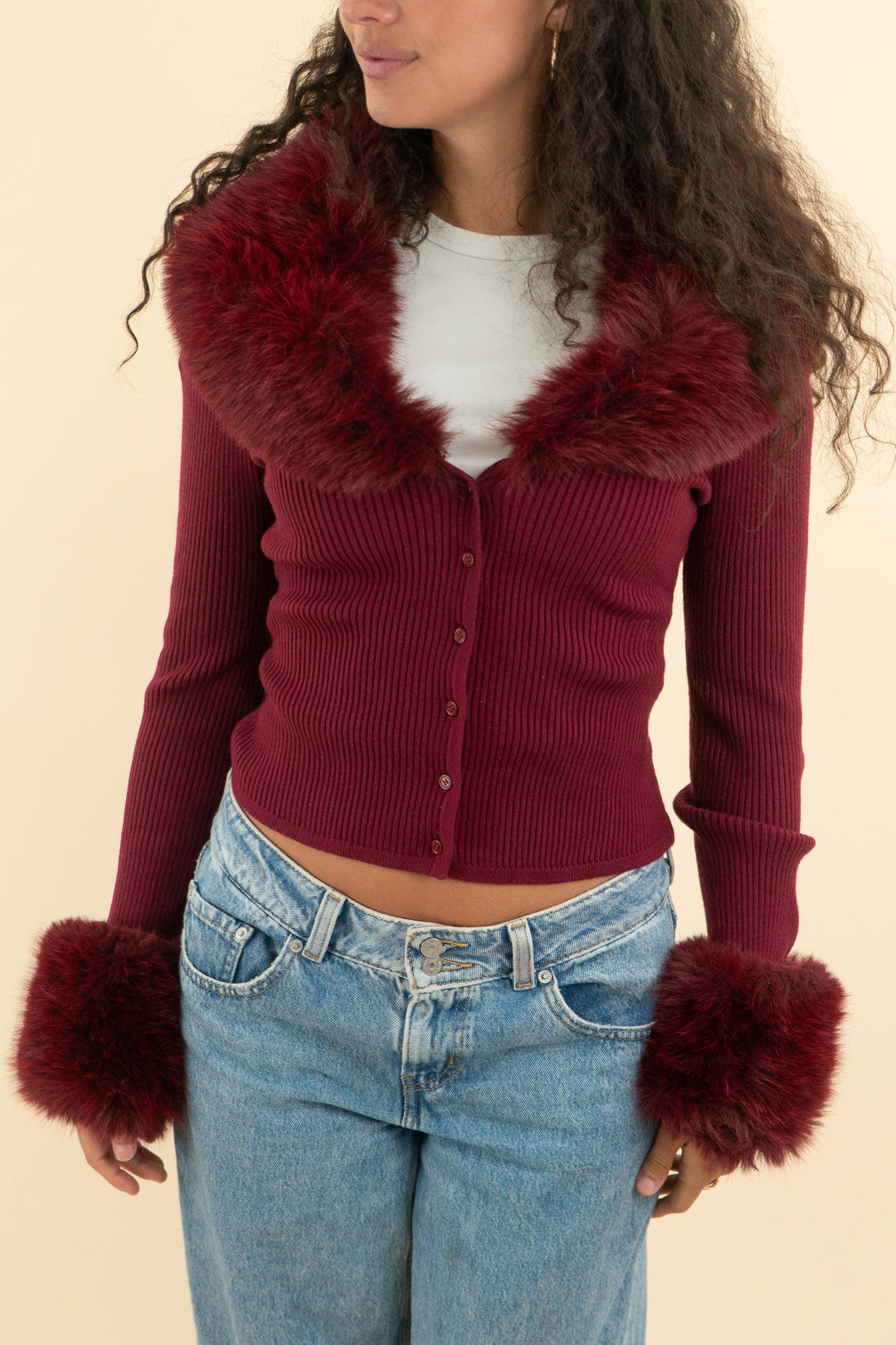 AUCTION naked wardrobe burgundy faux fur trimmed cardigan (m)