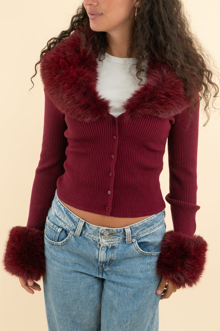 AUCTION naked wardrobe burgundy faux fur trimmed cardigan (m)