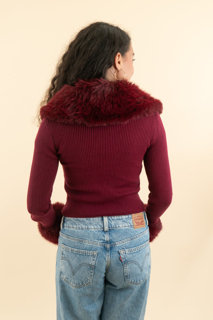 AUCTION naked wardrobe burgundy faux fur trimmed cardigan (m)