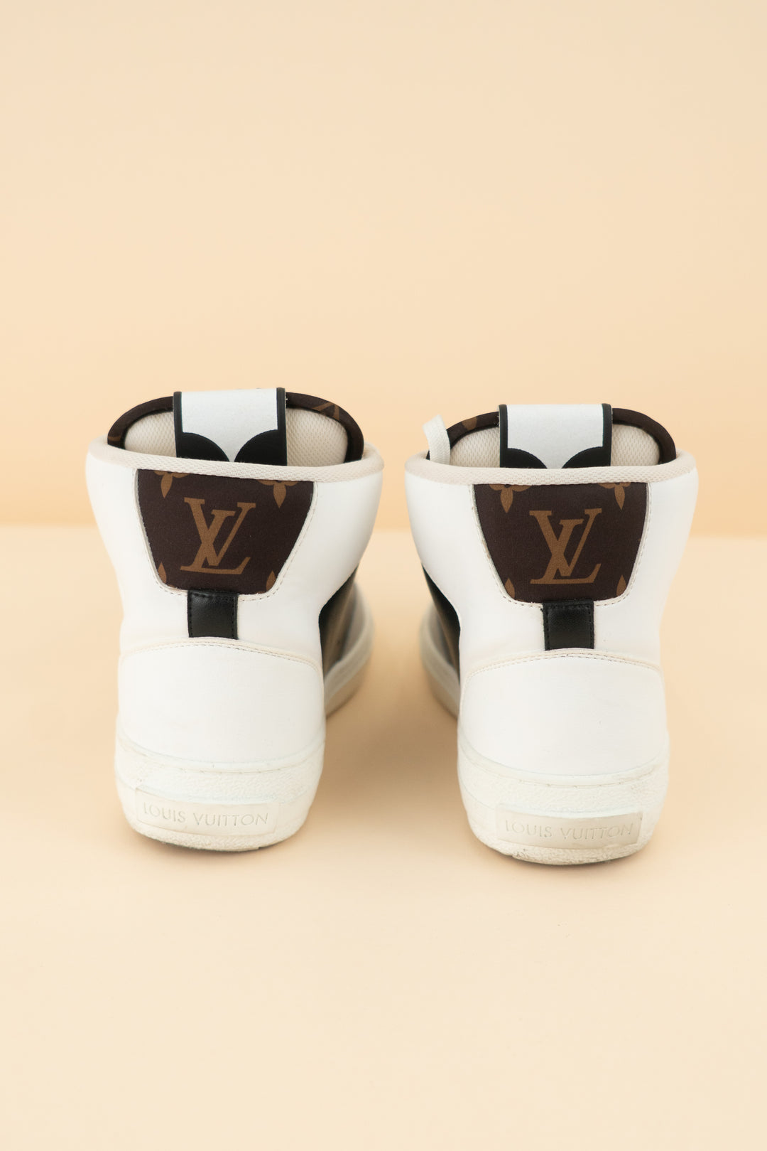 louis vuitton white/black high top sneakers (38/ US 7-8; retail $1,360)