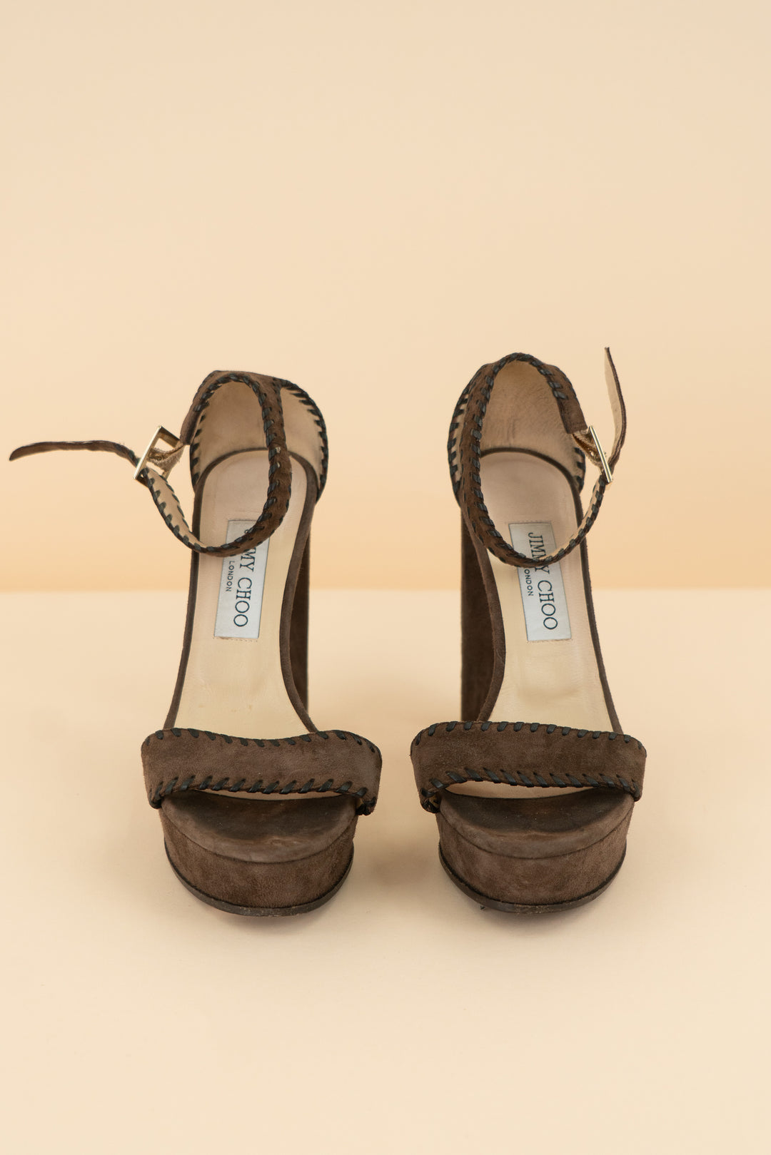 AUCTION jimmy choo brown suede black leather stitched heels (38)