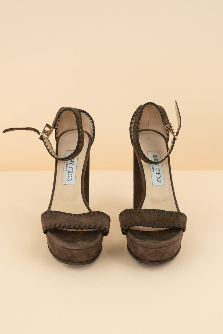 AUCTION jimmy choo brown suede black leather stitched heels (38)