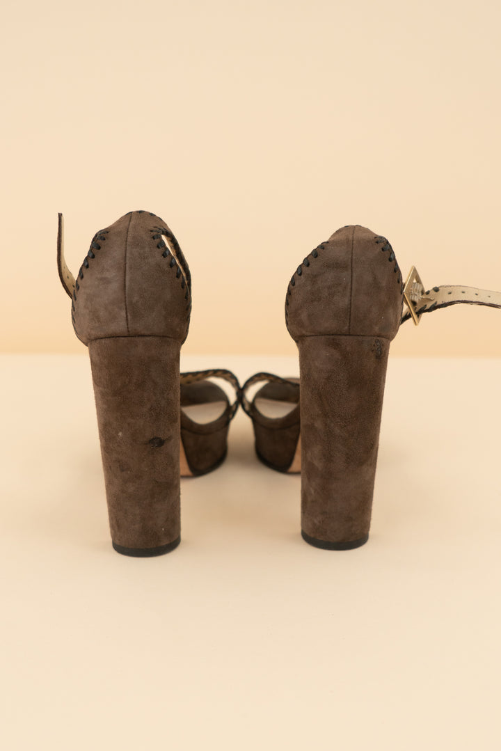 AUCTION jimmy choo brown suede black leather stitched heels (38)