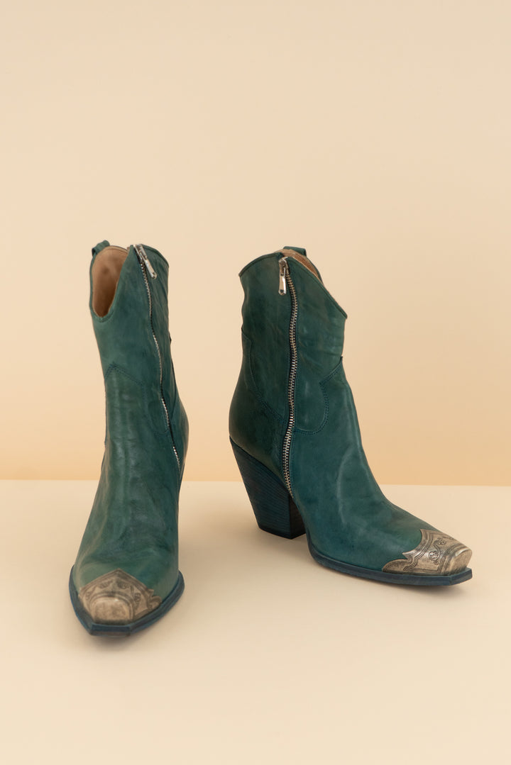 AUCTION free people dark teal leather silver toe booties (39)