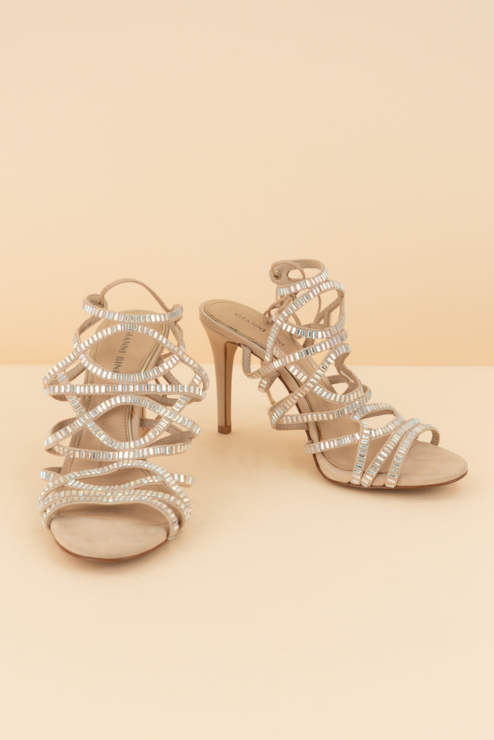 gianni bini tan leather rhinestone design heels (8; retail $139)