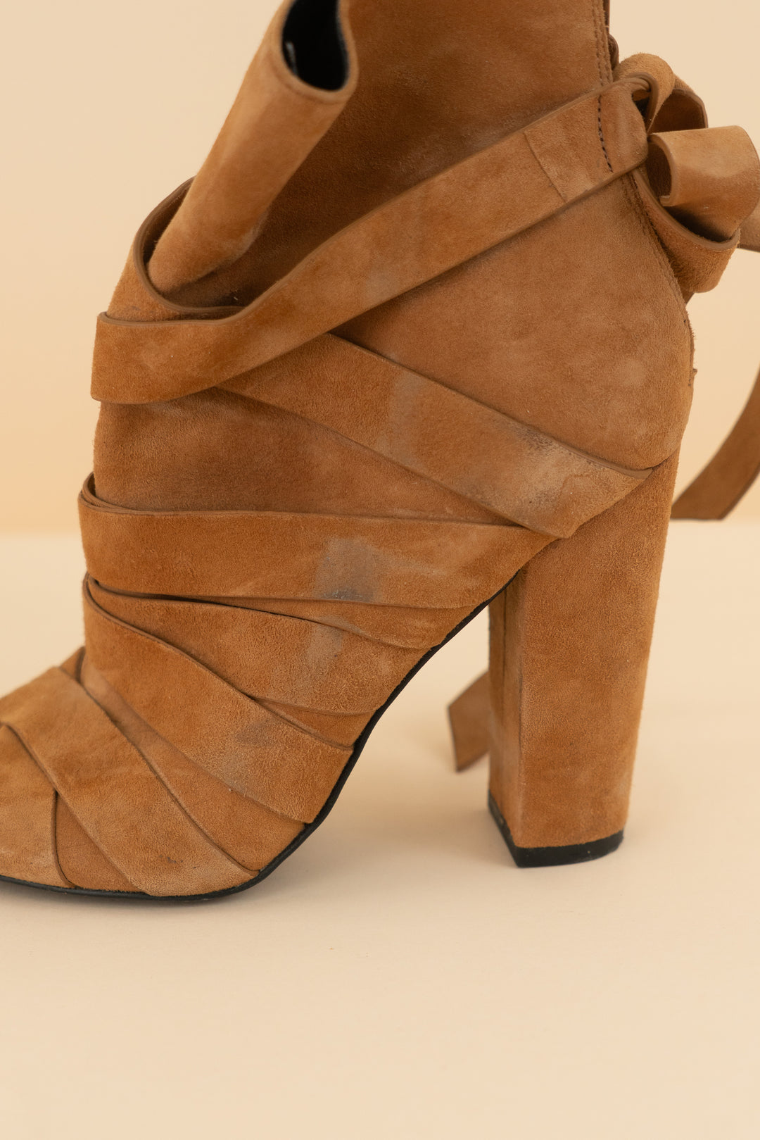 aldo brown suede strappy open toe high heel bootie (39; retail $140)