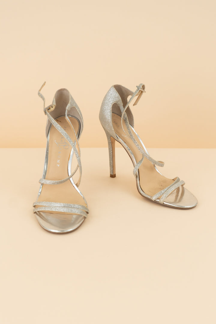 ivanka trump silver sparkle strappy heels (8.5; retail $125)