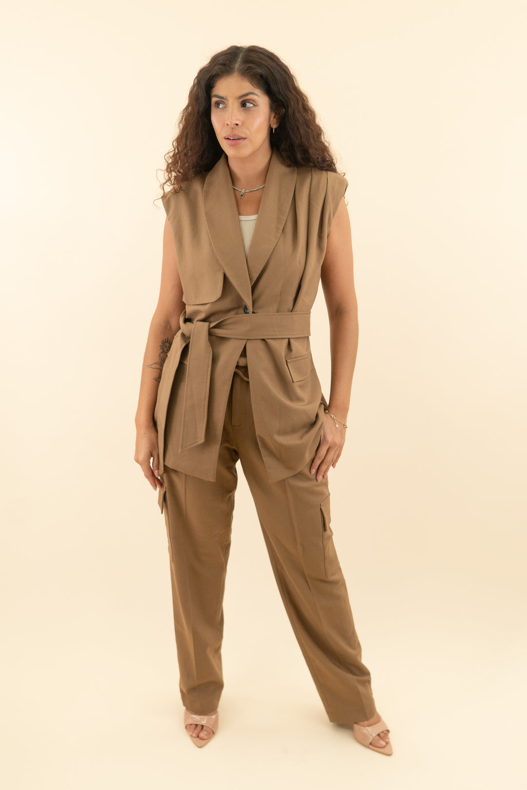 AUCTION jluxlabel tan belted cargo pant and belted vest set (s)
