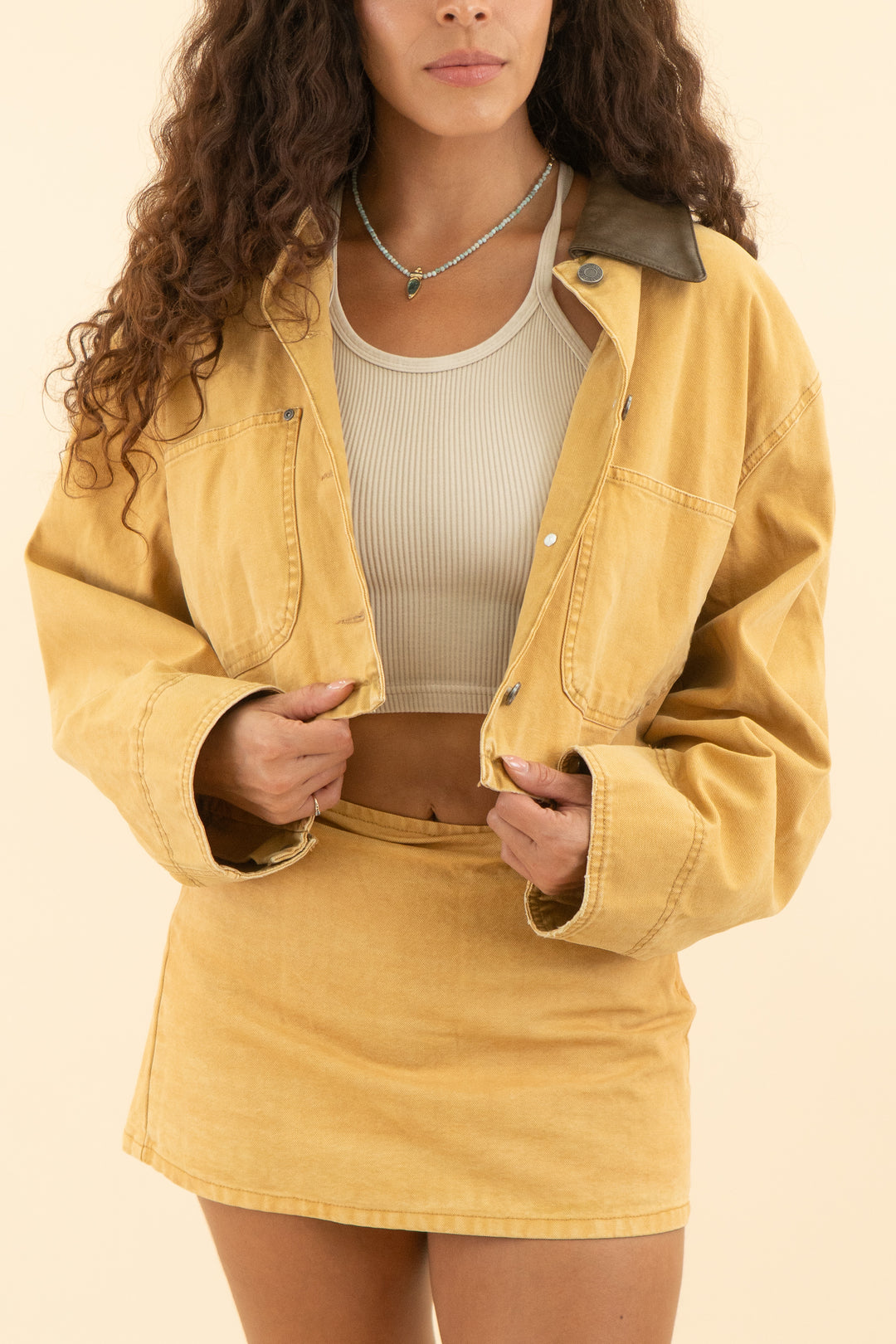 AUCTION afrm tan cropped denim jacket with matching skirt set (s)