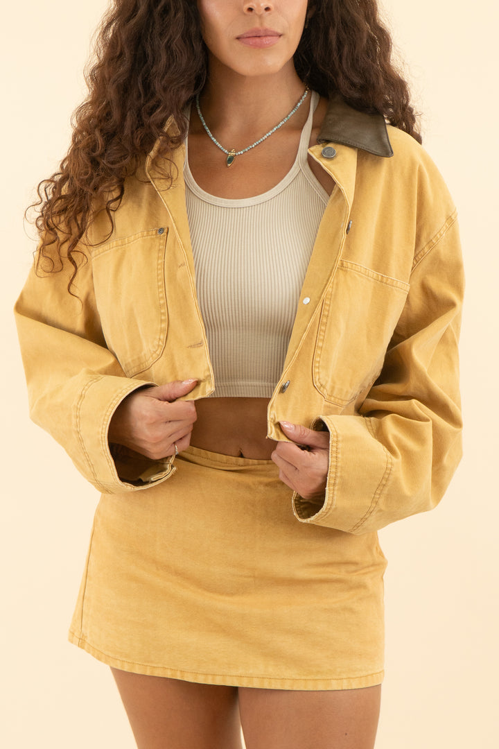 AUCTION afrm tan cropped denim jacket with matching skirt set (s)