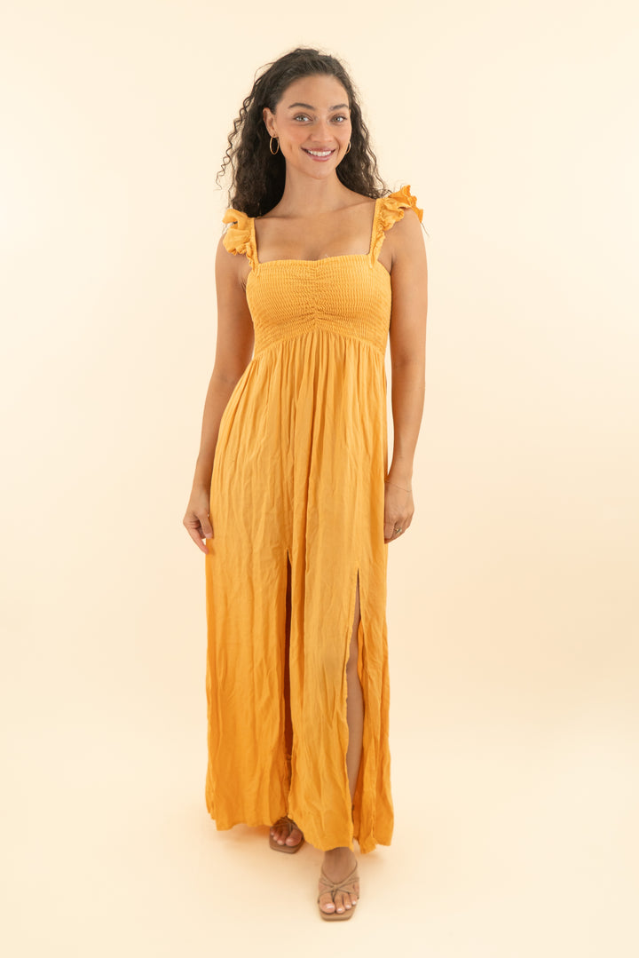 boho me orange smocked midi dress (s; retail $75)