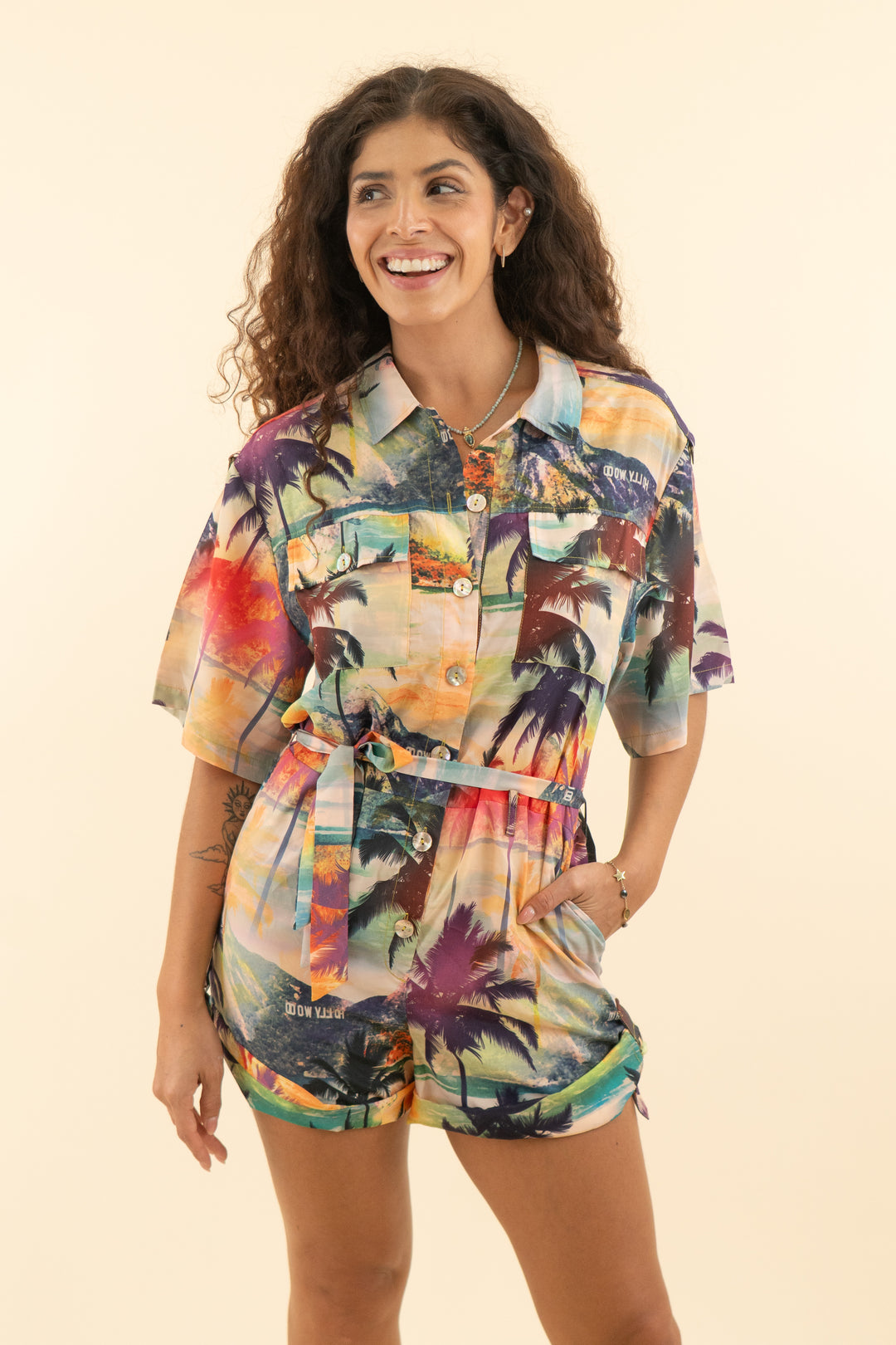 le superbe colorful hollywood short sleeve romper (s; retail $395)