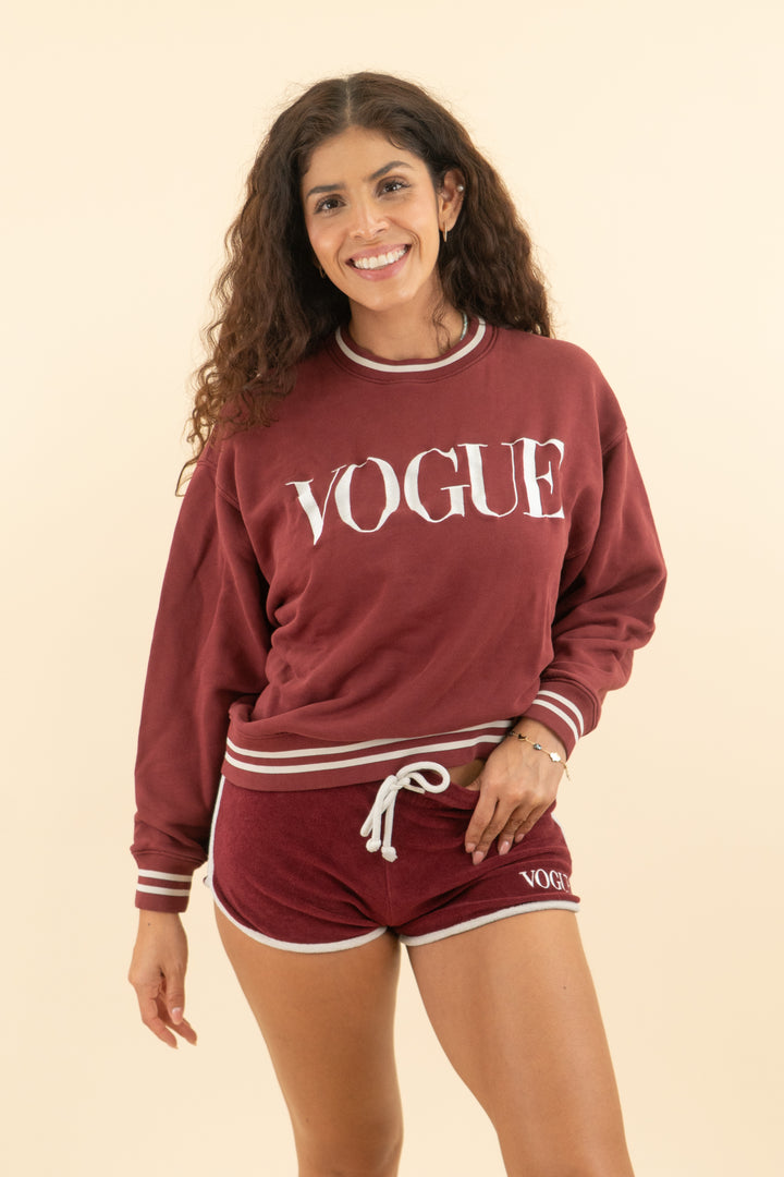 AUCTION vogue collection wine varsity crewneck sweatshirt and terry cloth short set (s/m)