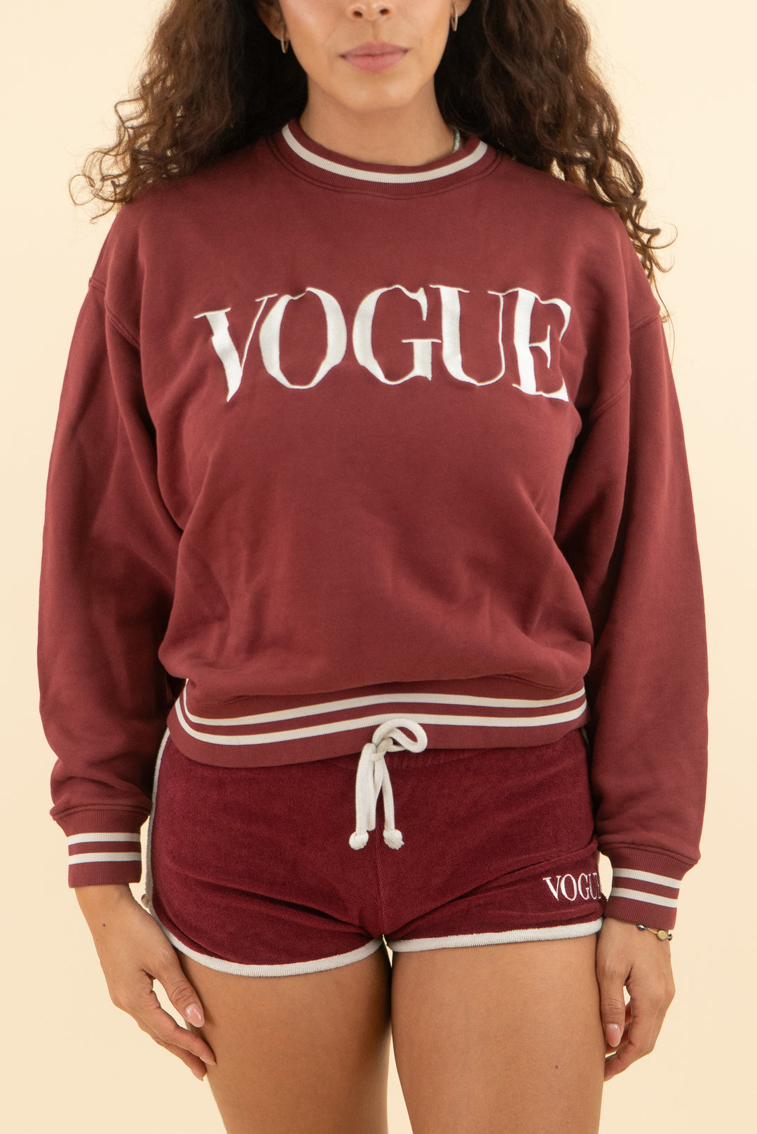 AUCTION vogue collection wine varsity crewneck sweatshirt and terry cloth short set (s/m)