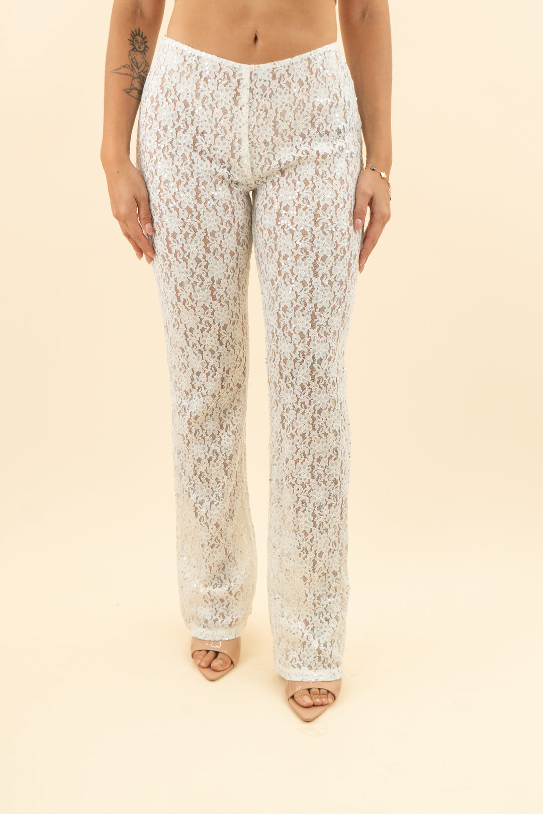 outcast white lace and sequin pull on pants (s; retail $95)