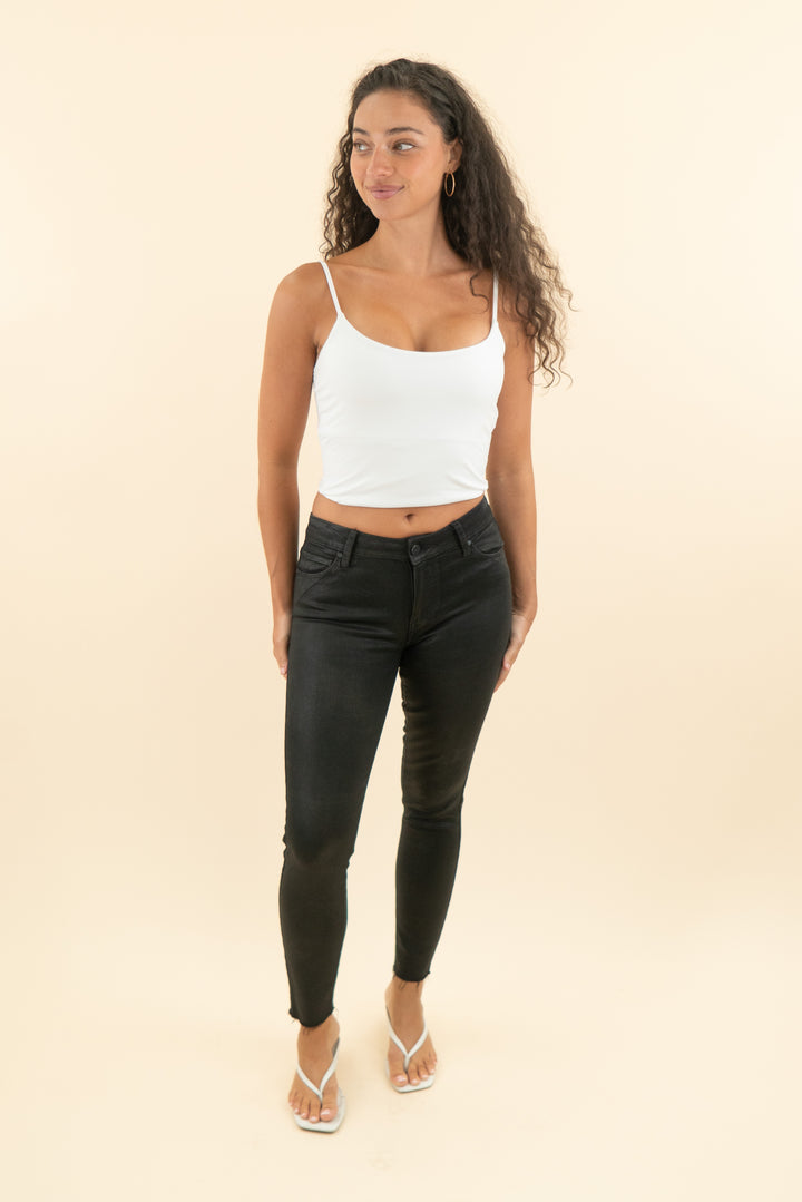 paige black shimmer coated raw hem pants (27; retail $258)